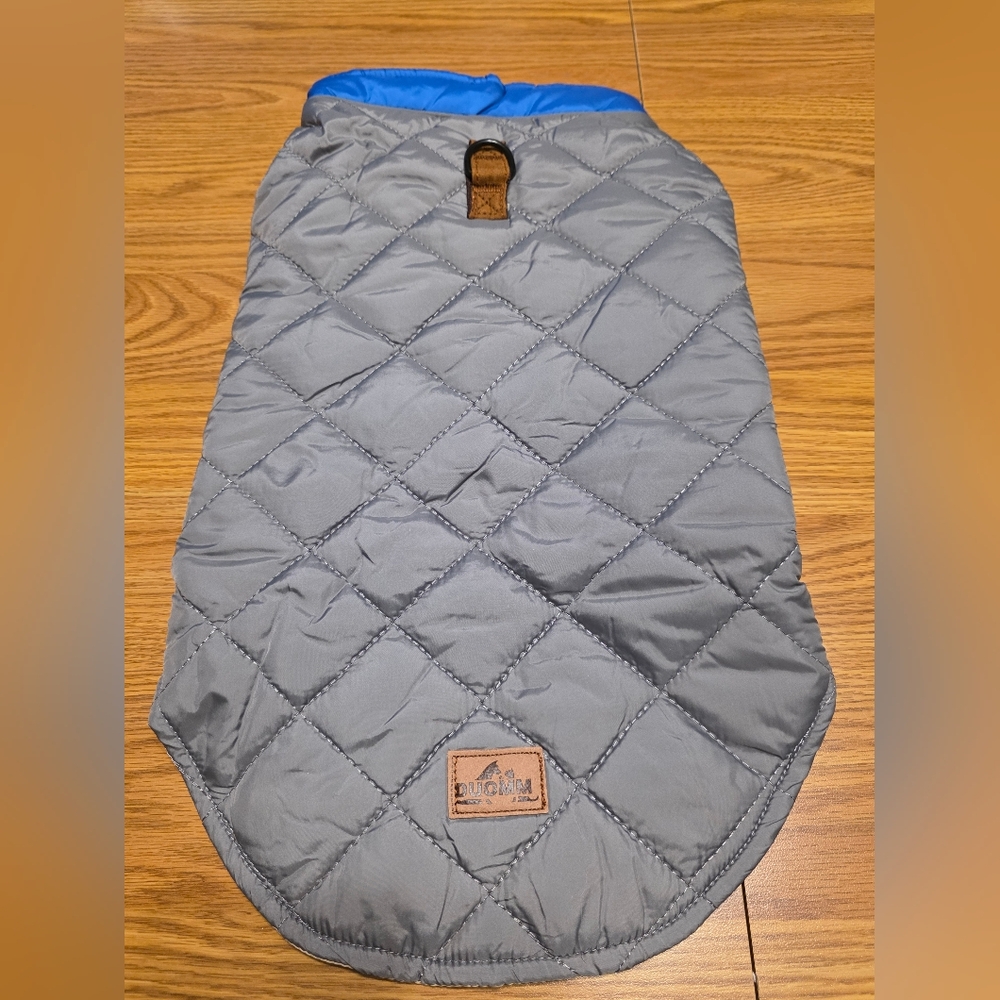 Duomm Beauty Quilted Dog Jacket in Gray With Blue Trim